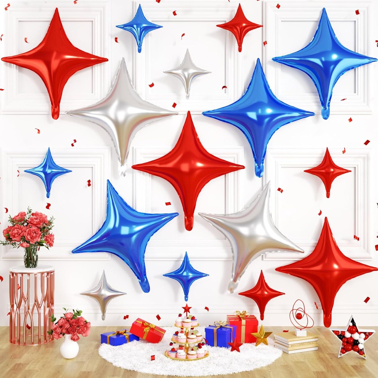 Blue Red Star Balloons, 16 PCS Silver Four Angle Star Foil Balloons, 26 Inch and 10 Inch Red Blue Stars Shaped Balloon for Graduation Birthday Baby Shower Anniversary Independence Day Party Decor